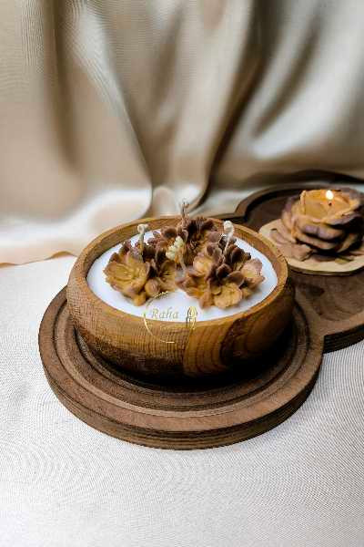 شمع دکوراتیو شات چوبی شکوفه دو رنگ با رایحه قهوه