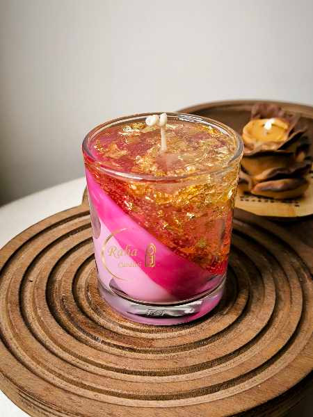 شمع لیوانی ژله ای دو رنگ طلایی صورتی رهاکندل6