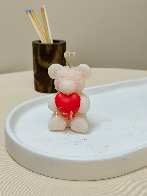 شمع خرس تدی پفپفی با قلب مخملی، هدیه سالگرد و سورپرایز عاشقانه رها مال